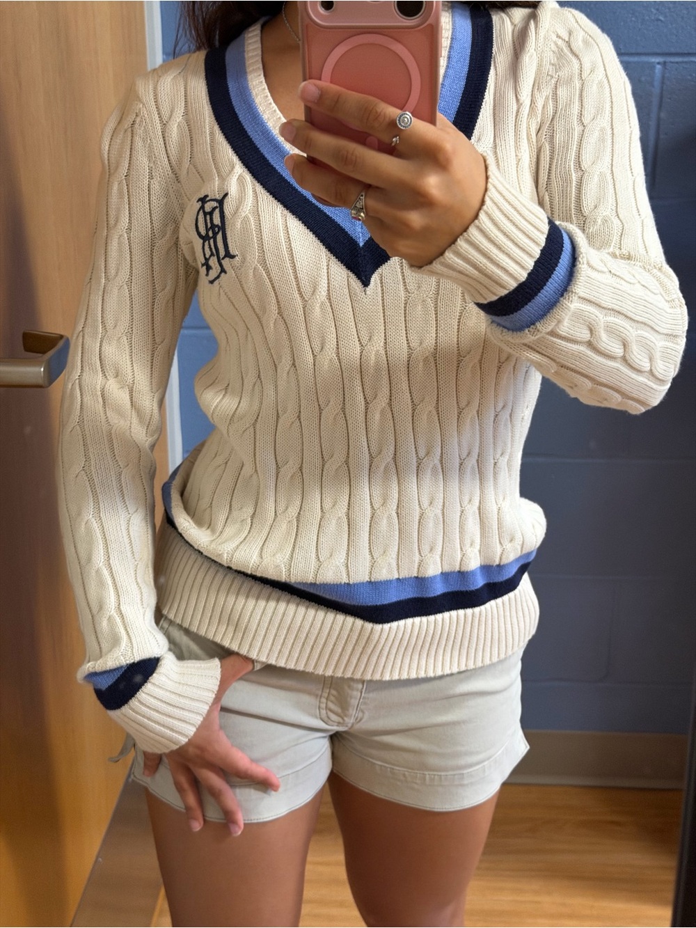 Ralph Lauren Cream Cable Knit V-Neck Sweater with Blue Trim